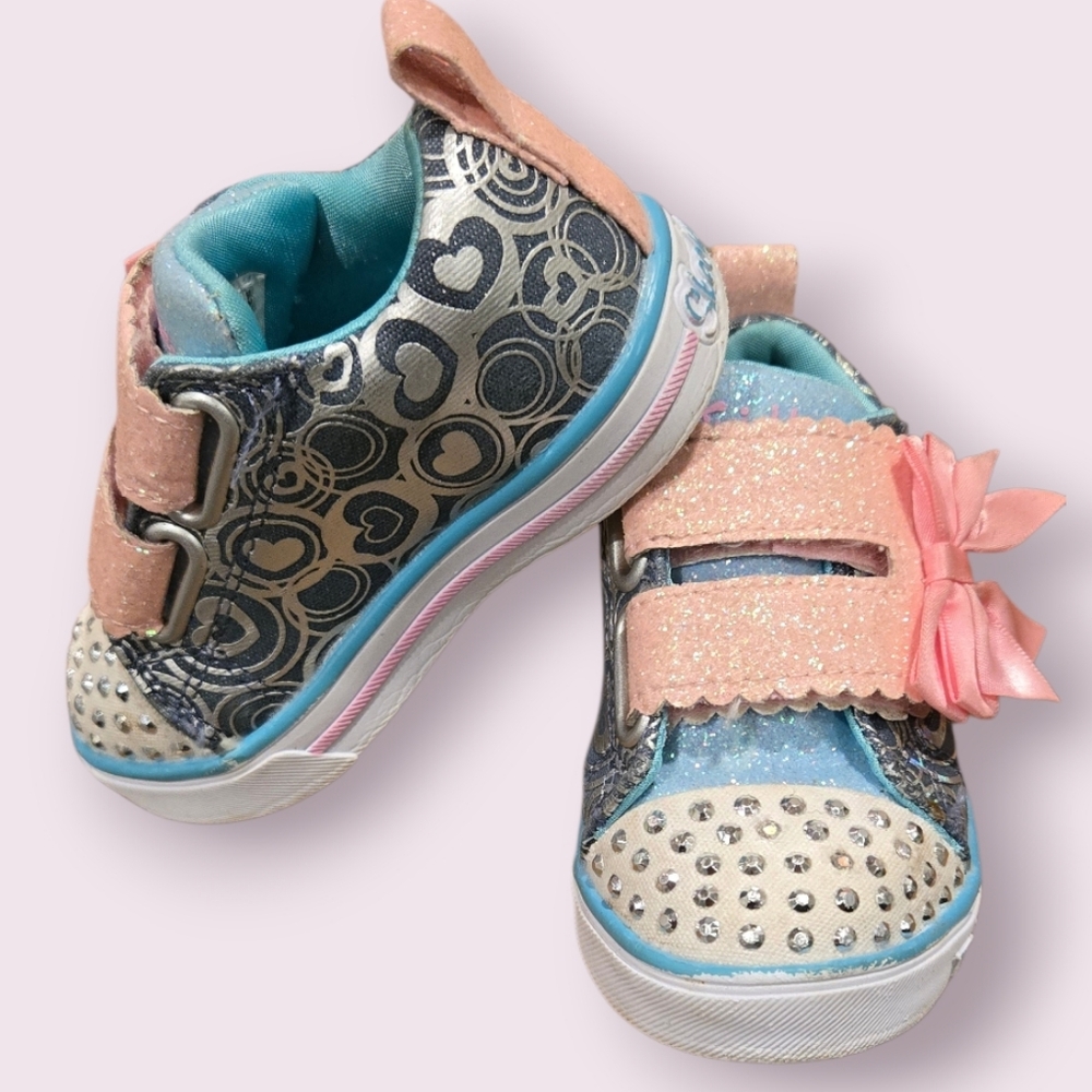 Skechers Heart Pattern Sneakers Light Up Sparkle Bow - Blue Silver Pink Sz 5